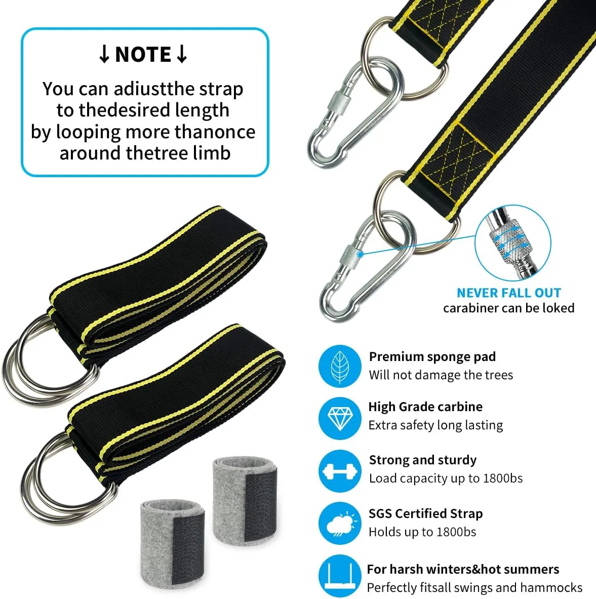 Extra Long Tree Swing Straps, 10FT Tree Swing Hanging Straps Kit Holds 1800 lbs with Tree Protector, Heavy Duty Carabiner Perfect for Swings & Hammocks