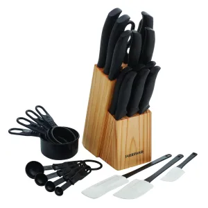 Farberware 25-Piece Knife Block Set with Soft Grip Handles and Kitchen Tools, High-Carbon Stainless Steel Knives, Measuring Cups, Spoons and Spatulas, Natural Wood Block