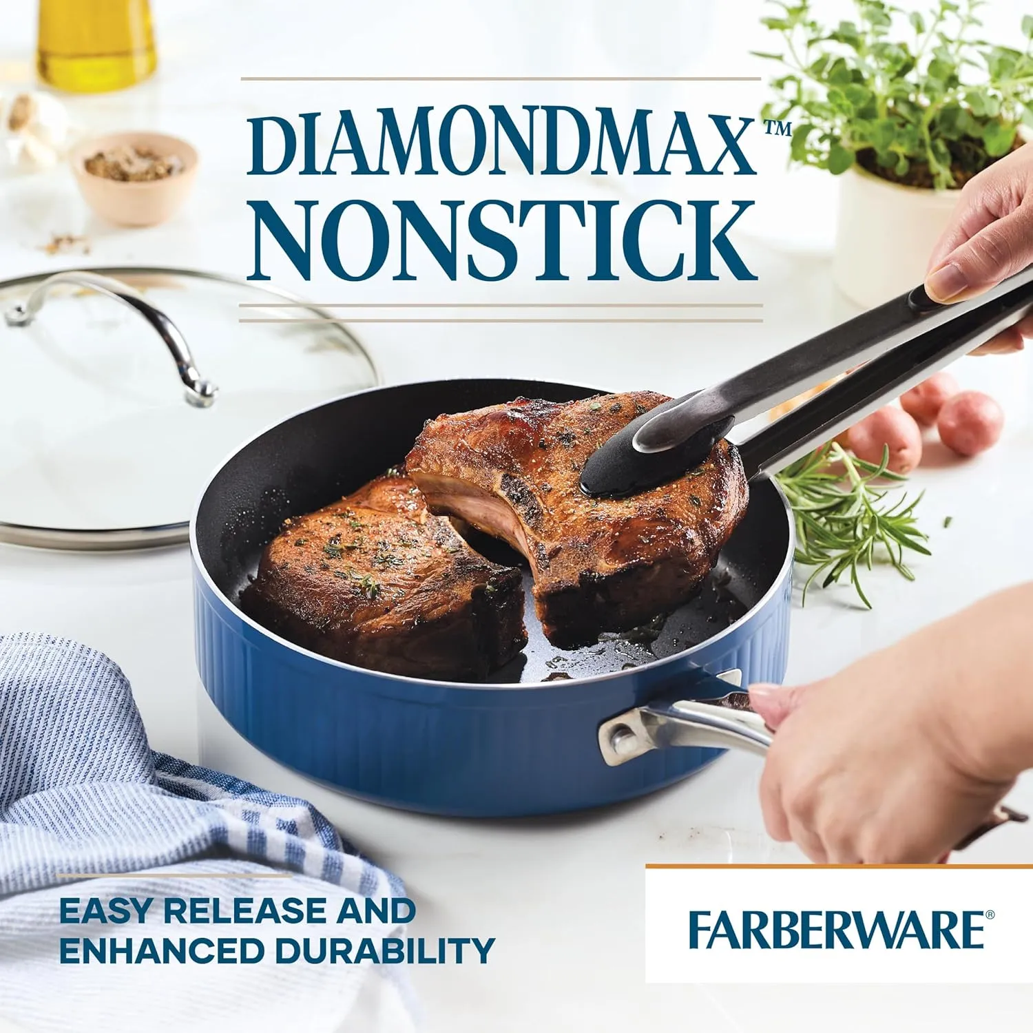 Farberware Style Nonstick Cookware Saute Pan with Lid, Dishwasher Safe, 3 Quart - Blue