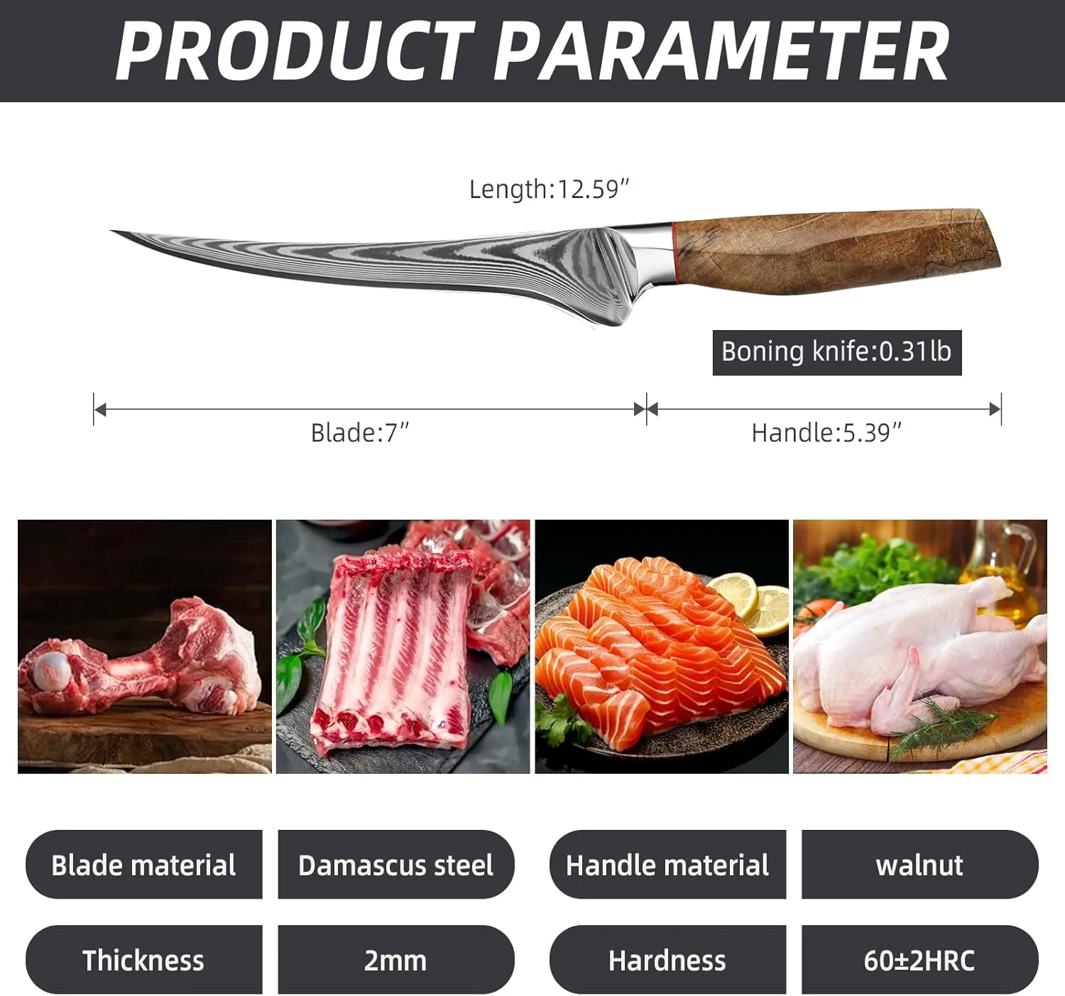 Fillet Knife 7 Inch, Precision Boning Knife for Efficient Meat Cutting and Boning， Boning Knife in high Carbon Steel