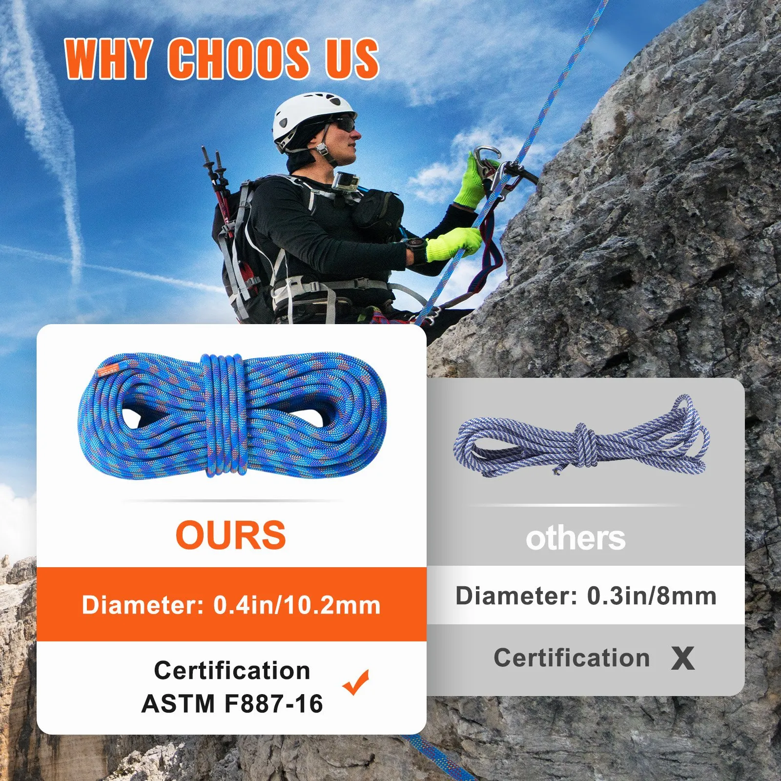 (FINAL PRICES ARE LOWER ON OUR SITE!) VEVOR 10.2mm Dynamic Climbing Rope, 40M(131ft) Outdoor Rock Climbing Rope 25KN Breaking Tension, Fiber Rope with Steel Snap Hooks for Escape, Rappelling, Fire Rescue, Blue
