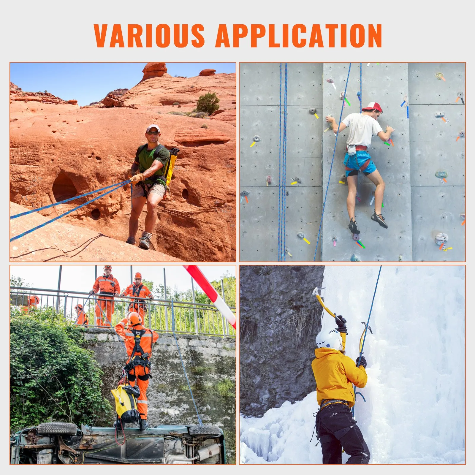 (FINAL PRICES ARE LOWER ON OUR SITE!) VEVOR 10.2mm Dynamic Climbing Rope, 40M(131ft) Outdoor Rock Climbing Rope 25KN Breaking Tension, Fiber Rope with Steel Snap Hooks for Escape, Rappelling, Fire Rescue, Blue