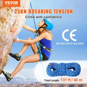 (FINAL PRICES ARE LOWER ON OUR SITE!) VEVOR 10.2mm Dynamic Climbing Rope, 40M(131ft) Outdoor Rock Climbing Rope 25KN Breaking Tension, Fiber Rope with Steel Snap Hooks for Escape, Rappelling, Fire Rescue, Blue