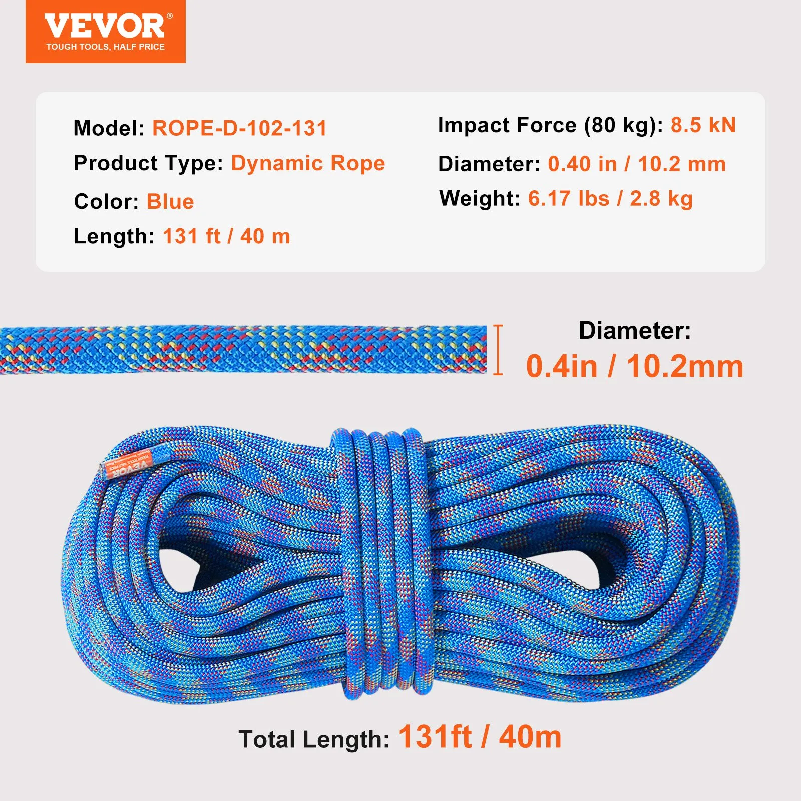 (FINAL PRICES ARE LOWER ON OUR SITE!) VEVOR 10.2mm Dynamic Climbing Rope, 40M(131ft) Outdoor Rock Climbing Rope 25KN Breaking Tension, Fiber Rope with Steel Snap Hooks for Escape, Rappelling, Fire Rescue, Blue