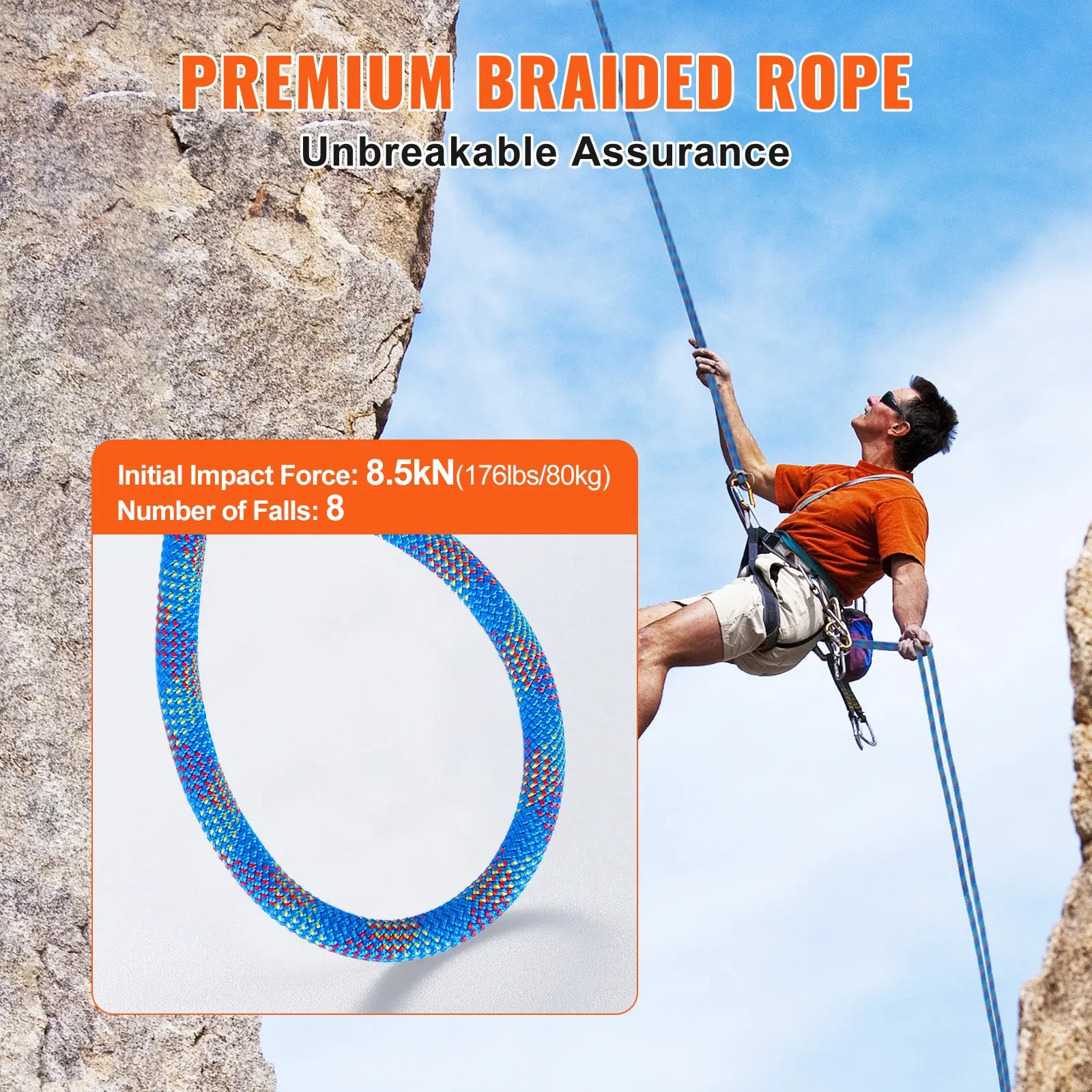 (FINAL PRICES ARE LOWER ON OUR SITE!) VEVOR 10.2mm Dynamic Climbing Rope, 40M(131ft) Outdoor Rock Climbing Rope 25KN Breaking Tension, Fiber Rope with Steel Snap Hooks for Escape, Rappelling, Fire Rescue, Blue