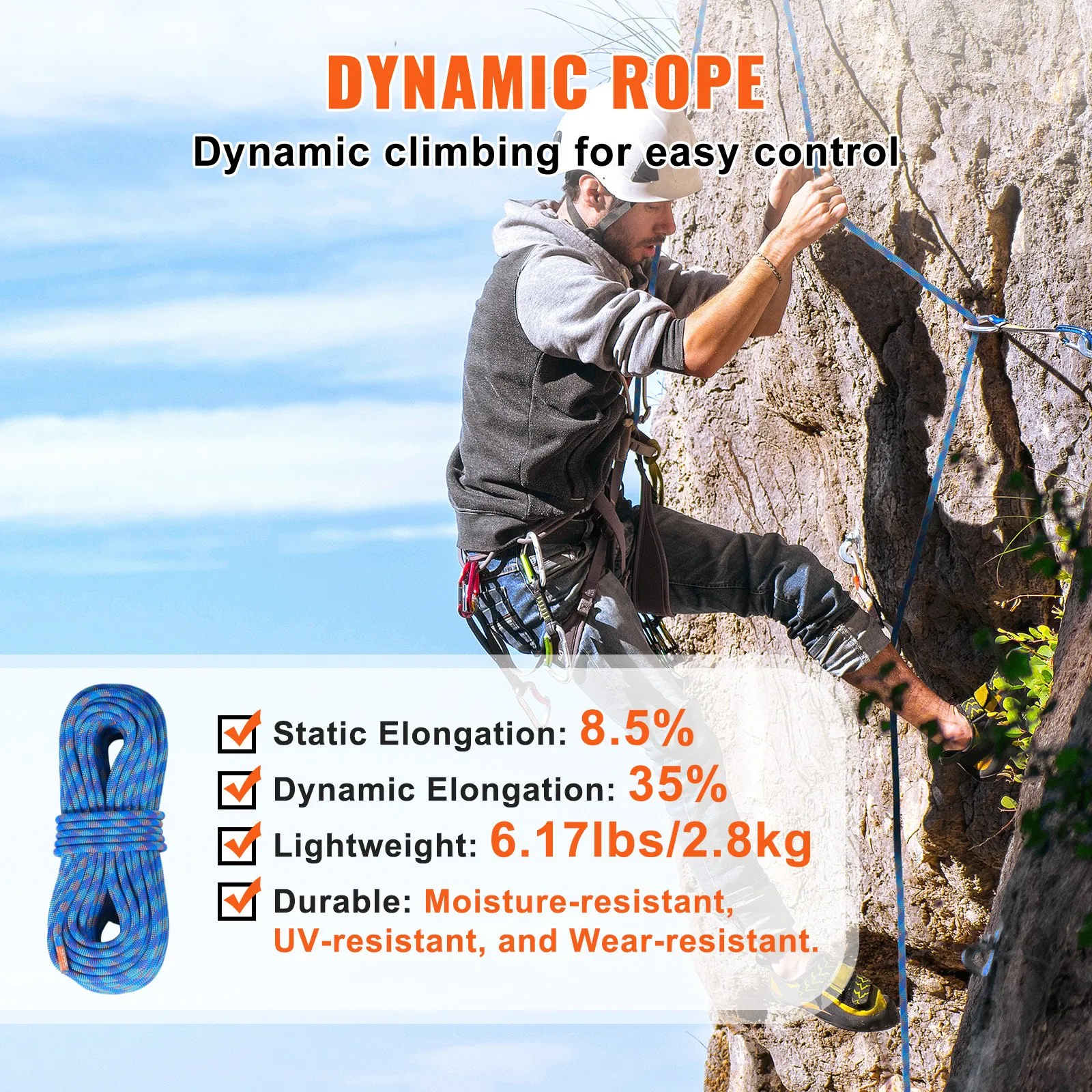 (FINAL PRICES ARE LOWER ON OUR SITE!) VEVOR 10.2mm Dynamic Climbing Rope, 40M(131ft) Outdoor Rock Climbing Rope 25KN Breaking Tension, Fiber Rope with Steel Snap Hooks for Escape, Rappelling, Fire Rescue, Blue