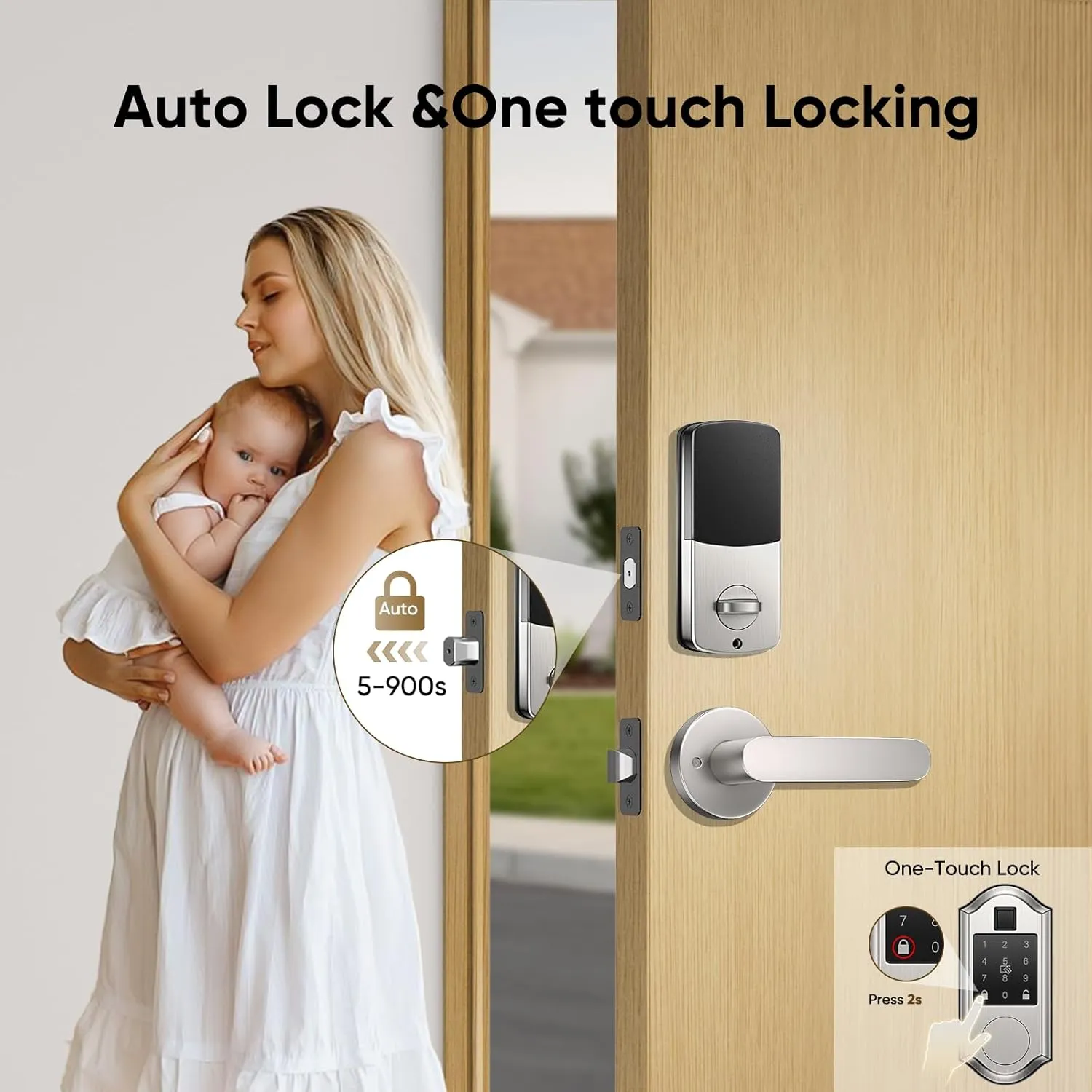 Fingerprint Smart Locks for Front Door with Handle Set - Keyless Entry Door Lock, Touchscreen Keypad Deadbolt, App Control, Auto Locking, Satin Nickel