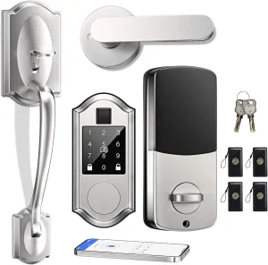 Fingerprint Smart Locks for Front Door with Handle Set - Keyless Entry Door Lock, Touchscreen Keypad Deadbolt, App Control, Auto Locking, Satin Nickel