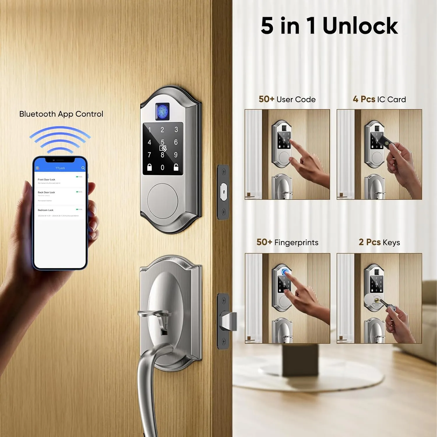 Fingerprint Smart Locks for Front Door with Handle Set - Keyless Entry Door Lock, Touchscreen Keypad Deadbolt, App Control, Auto Locking, Satin Nickel