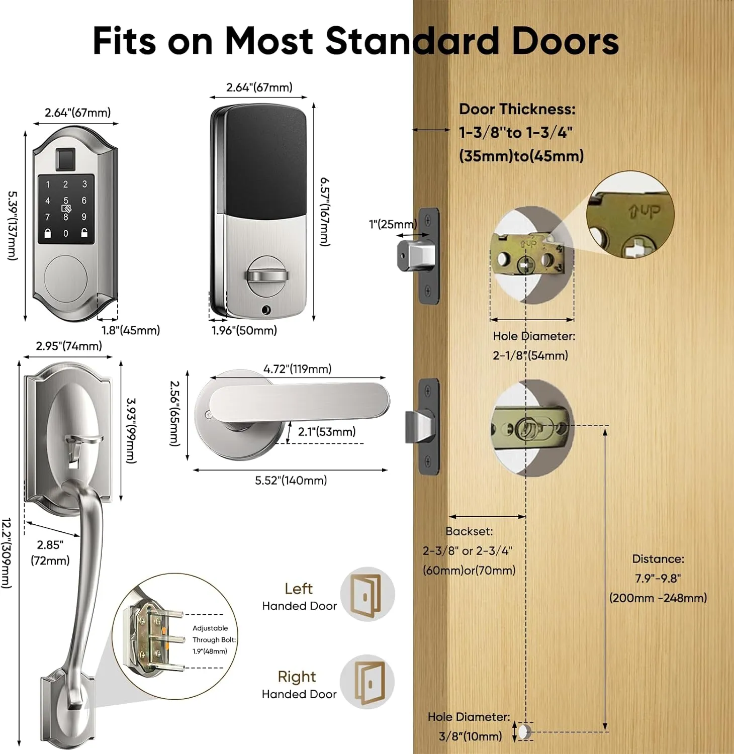 Fingerprint Smart Locks for Front Door with Handle Set - Keyless Entry Door Lock, Touchscreen Keypad Deadbolt, App Control, Auto Locking, Satin Nickel