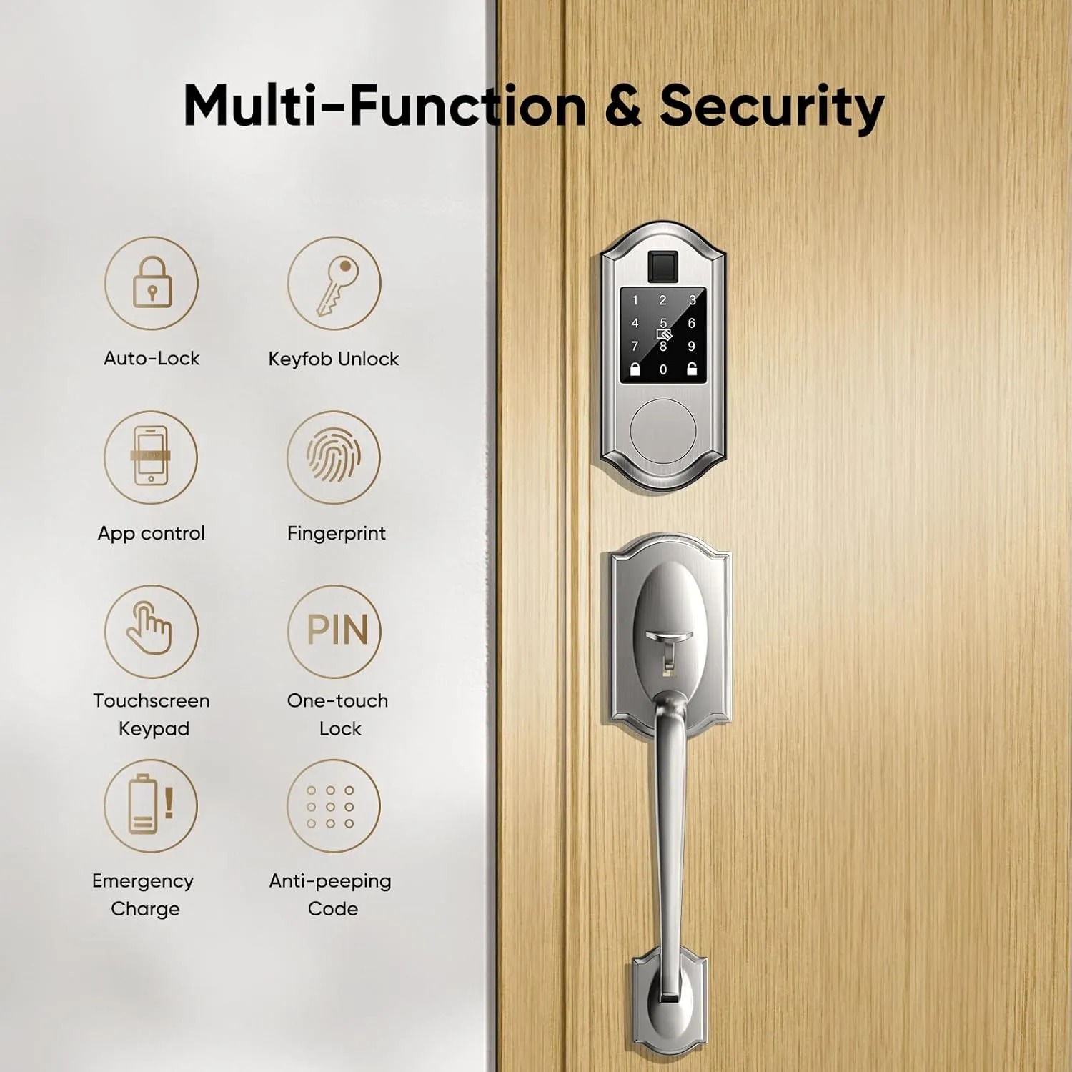 Fingerprint Smart Locks for Front Door with Handle Set - Keyless Entry Door Lock, Touchscreen Keypad Deadbolt, App Control, Auto Locking, Satin Nickel