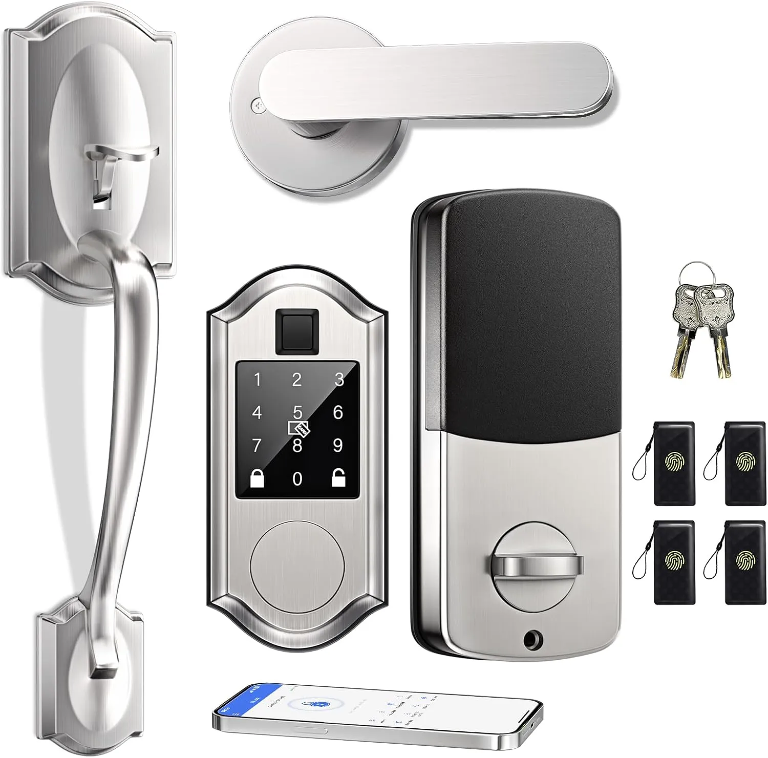 Fingerprint Smart Locks for Front Door with Handle Set - Keyless Entry Door Lock, Touchscreen Keypad Deadbolt, App Control, Auto Locking, Satin Nickel