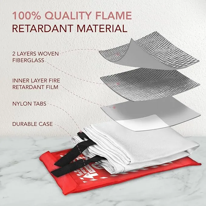 Fire Blanket: Home & Kitchen Fire Extinguisher, Emergency Fireproof Safety Blanket for Camping, Car, Office, 100% Fiberglass, Flame Retardant, Prepared Hero, Thermal, Kit (2 Pack)