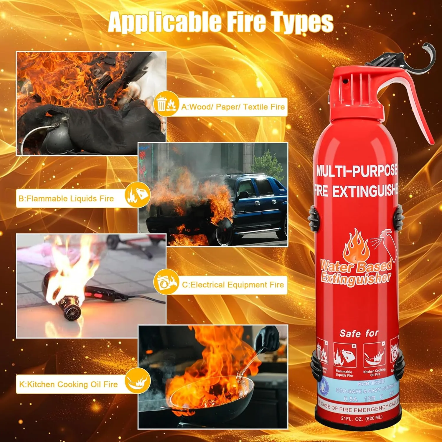 Fire Extinguisher for Home, Car, Kitchen, Vehicle, Boat, Garage, Portable A, B, C, K Class Fire Extinguishers with Mount, Emergency Survival Extinguisher, Easy Access, Versatile Fire Protection