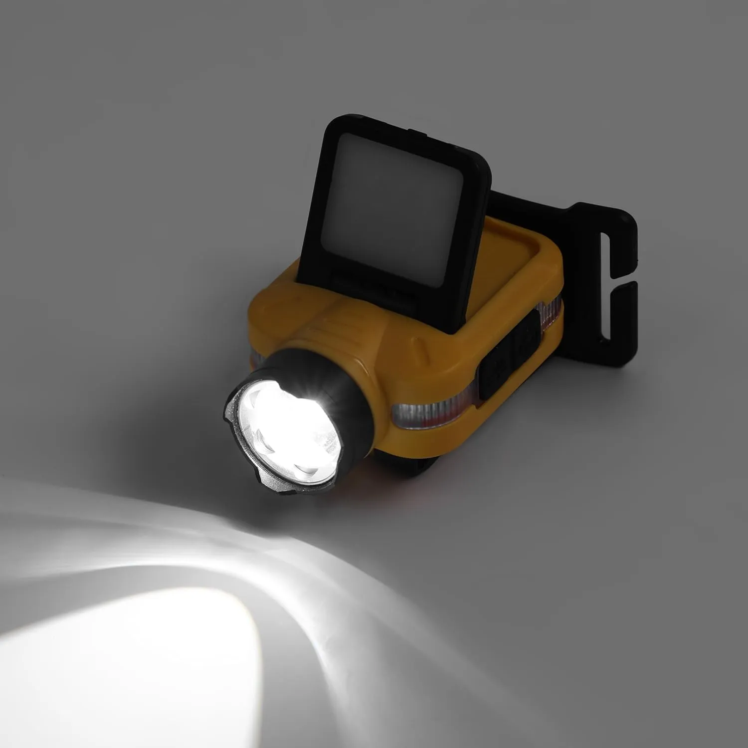 FISHNU Versatile Rotating Headlamp with Red Warning Light & White Laser Wick – 90° Adjustable Beam, USB-C Charging, Hands-Free Hat Clip (Yellow)