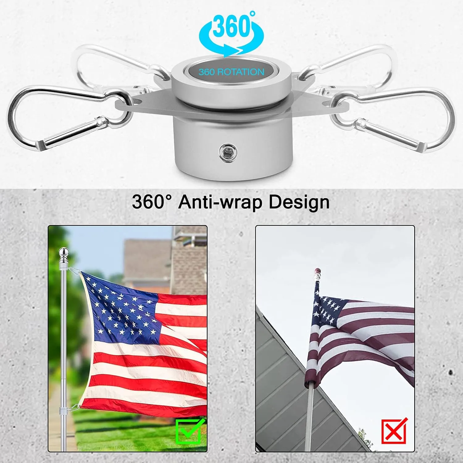 Flag Pole Rings, Aluminum Alloy Flagpole Rings 360° Rotating Anti Wrap Flag Mounting Ring, Spinning Flag Pole Clips with Carabiner for 0.75-1.02 Inch Diameter- Pack of 4 (Matte Silver)