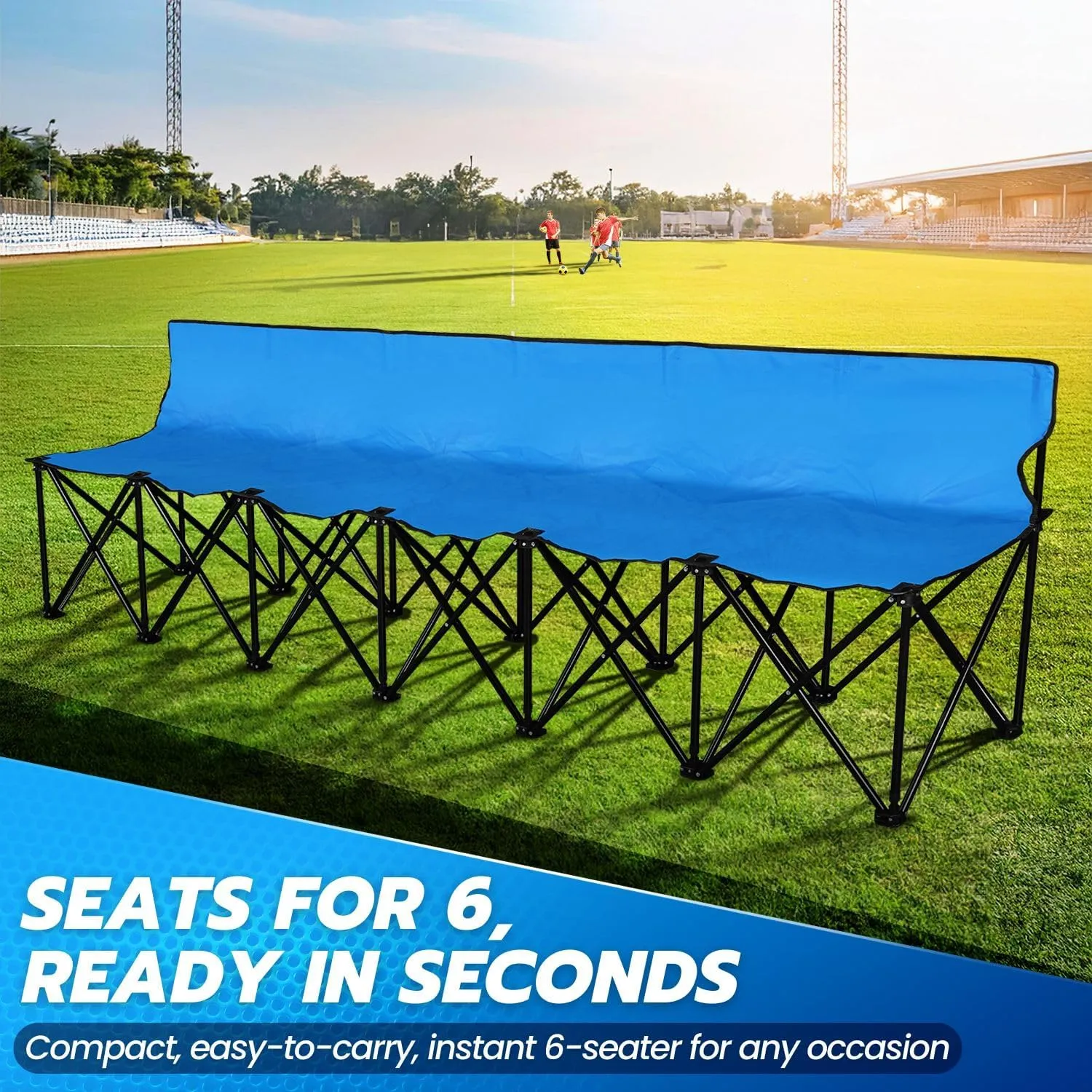 Flexzion Portable Folding Bench Seat, 6 Seater, Collapsible Soccer Bench, Portable Bench Seats for Bleachers, Camping, Sideline, with Back Rest and Carrying Bag, Blue