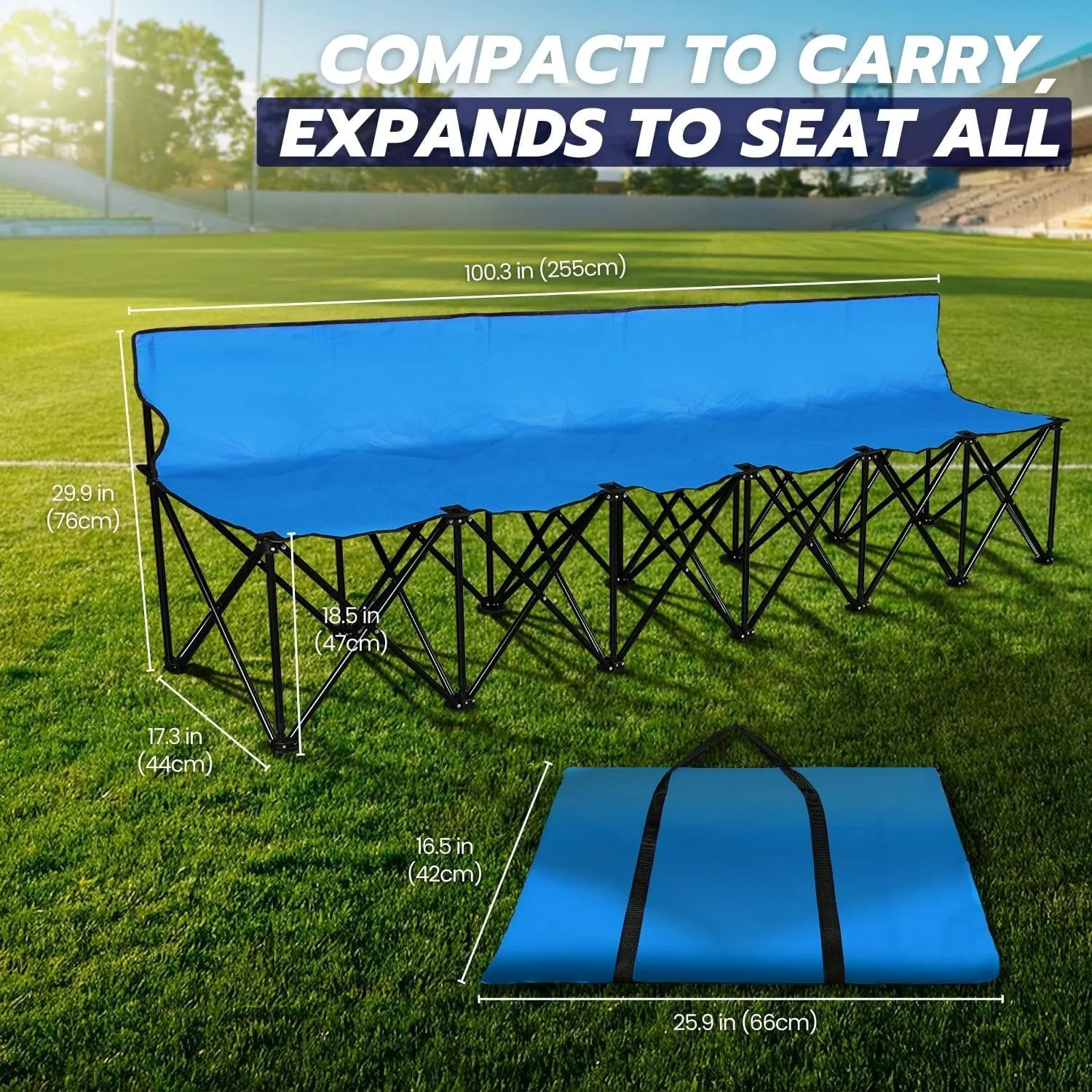 Flexzion Portable Folding Bench Seat, 6 Seater, Collapsible Soccer Bench, Portable Bench Seats for Bleachers, Camping, Sideline, with Back Rest and Carrying Bag, Blue