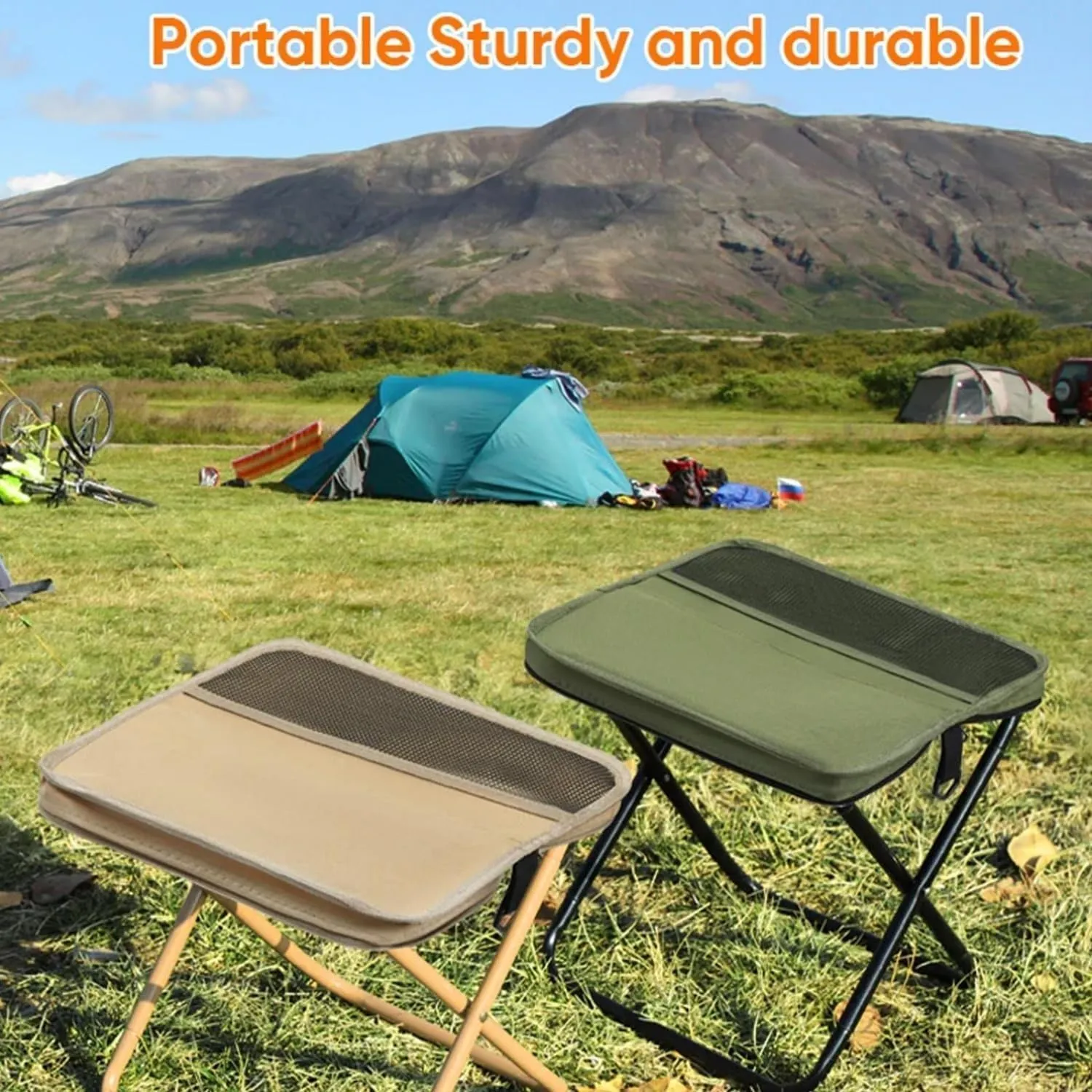 Foldable Backpack Stool, Portable Mini Outdoor Camping Folding Seat with Adjustable Shoulder Strap, for Camping, Fishing, Hiking, Picnics, Outdoor Barbecue (Khaki, L)