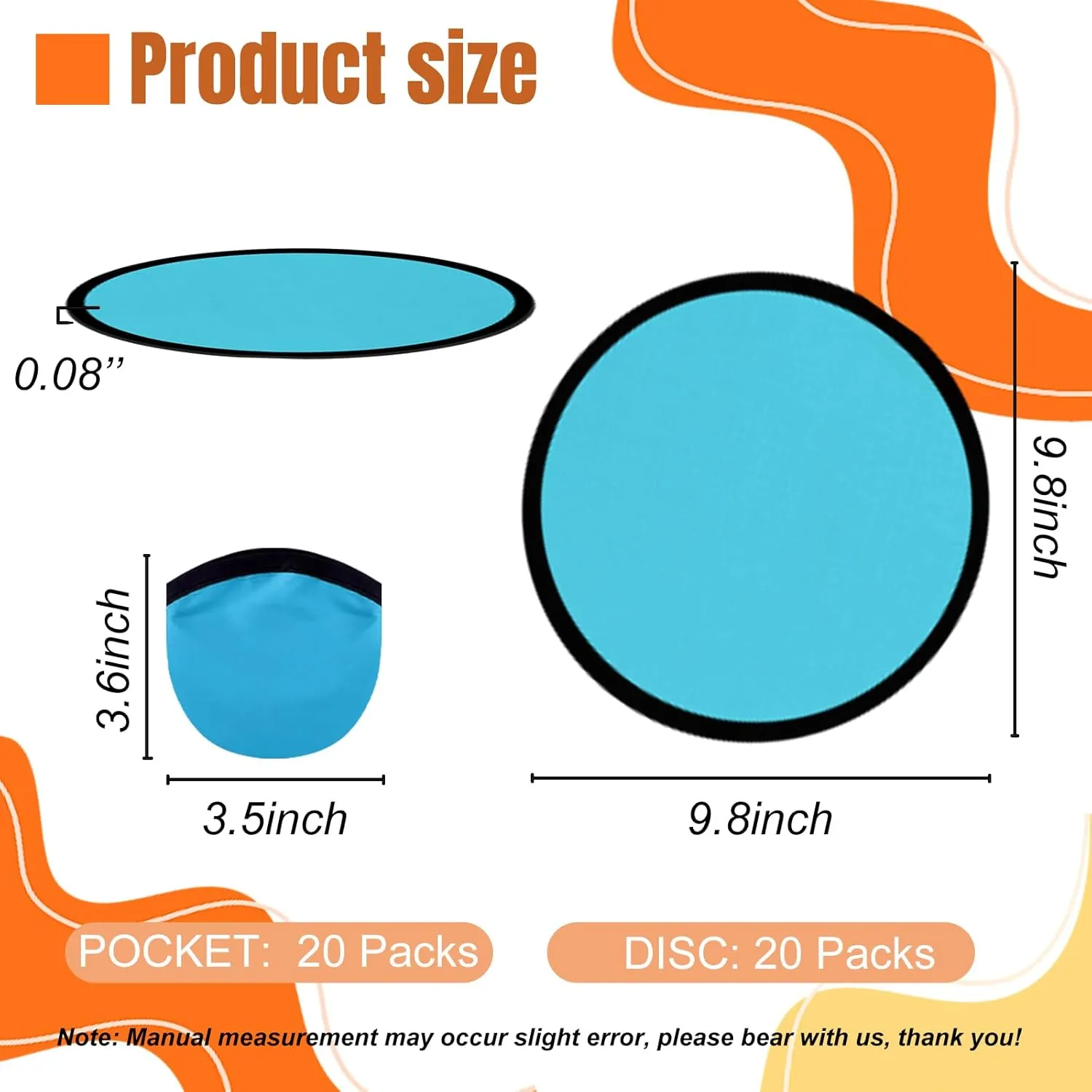 Foldable Flying Disc Fans with Bags, 9.8'' DIY Handheld Black Egde Fabric Folding Fan for Outdoor Game Activities Birthday Party Favors Gifts, 14 Colors