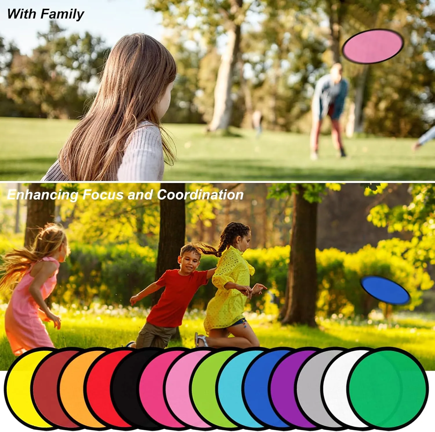Foldable Flying Disc Fans with Bags, 9.8'' DIY Handheld Black Egde Fabric Folding Fan for Outdoor Game Activities Birthday Party Favors Gifts, 14 Colors