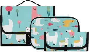 Foldable Hanging Travel Toiletry Organizer Set 3-Piece with Cosmetic Bag & Brush Holder - Cute Alpaca (2)