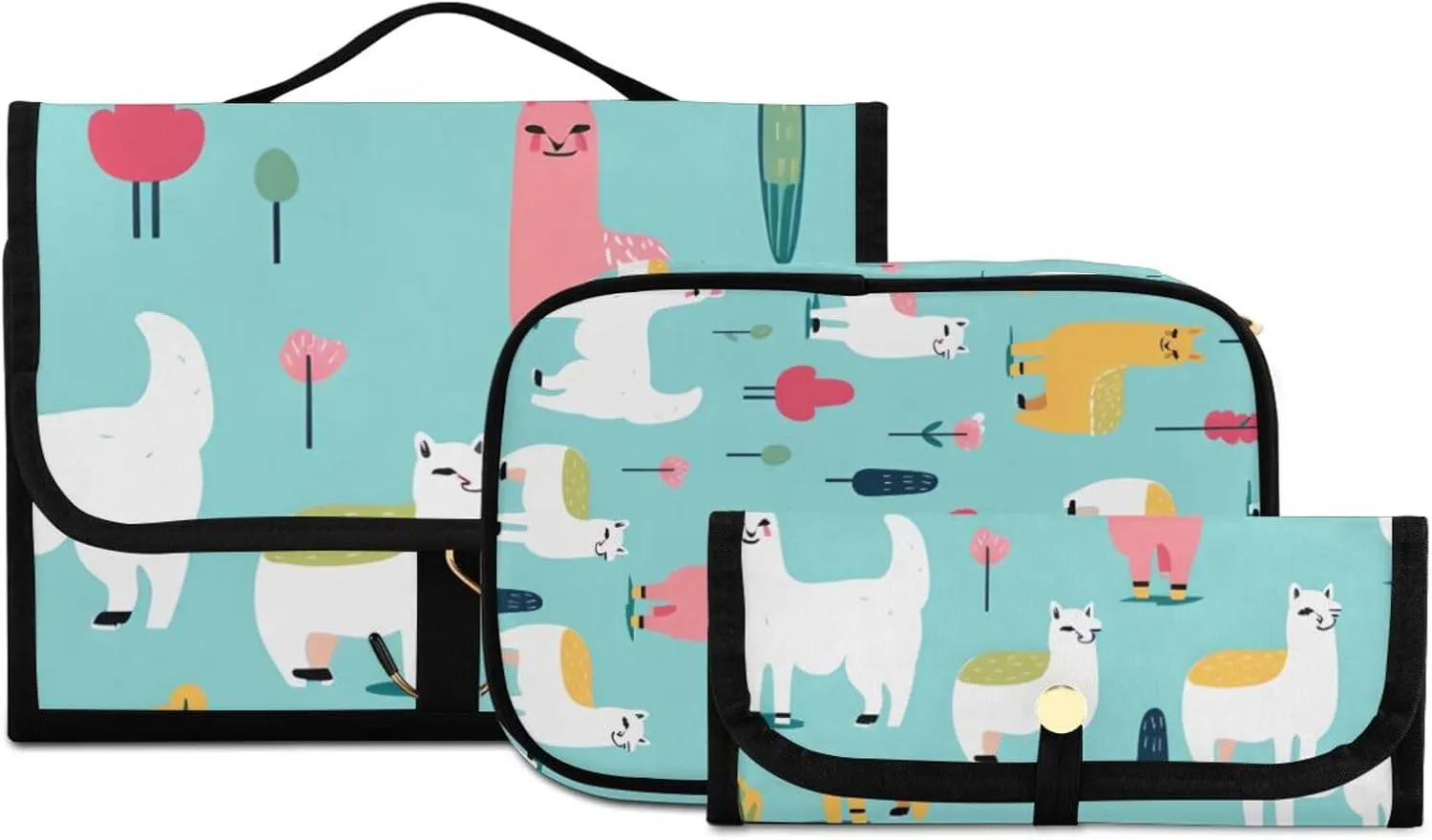 Foldable Hanging Travel Toiletry Organizer Set 3-Piece with Cosmetic Bag & Brush Holder - Cute Alpaca (2)