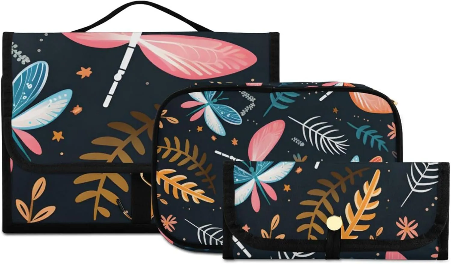 Foldable Hanging Travel Toiletry Organizer Set 3-Piece with Cosmetic Bag & Brush Holder - Cute Dragonfly (3)