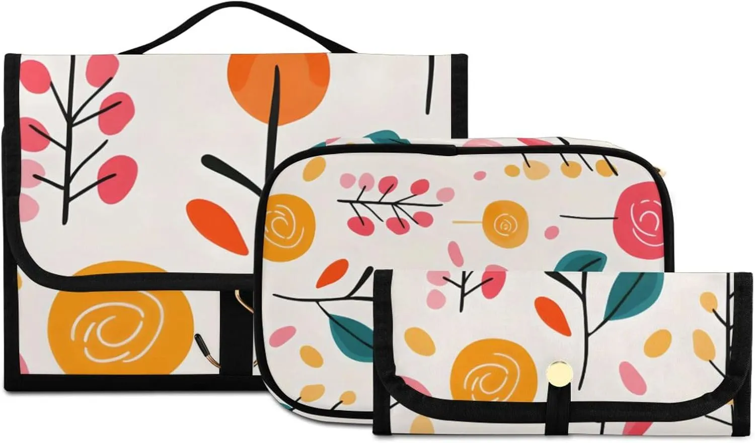 Foldable Hanging Travel Toiletry Organizer Set 3-Piece with Cosmetic Bag & Brush Holder - Cute Illustration Rose