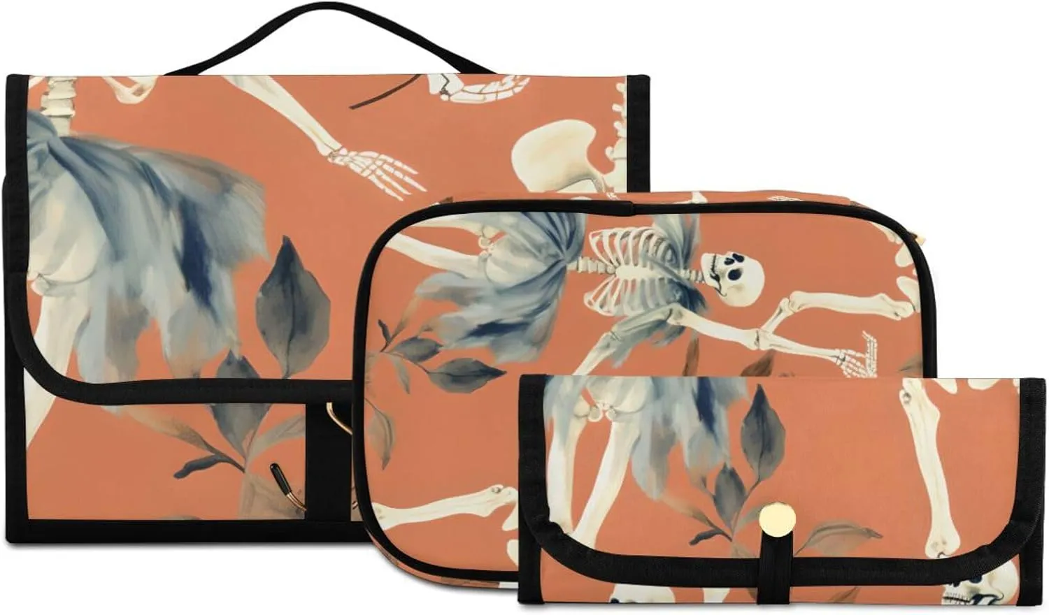 Foldable Hanging Travel Toiletry Organizer Set 3-Piece with Cosmetic Bag & Brush Holder - Cute Skull (3)