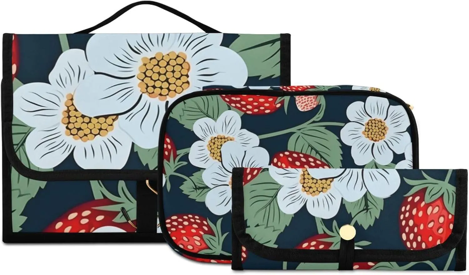 Foldable Hanging Travel Toiletry Organizer Set 3-Piece with Cosmetic Bag & Brush Holder - Cute Strawberry (4)