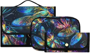 Foldable Hanging Travel Toiletry Organizer Set 3-Piece with Cosmetic Bag & Brush Holder - Dragonfly (2)
