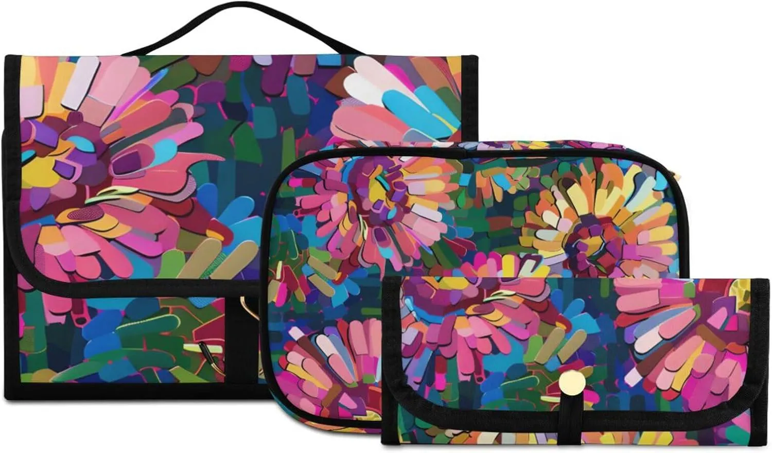 Foldable Hanging Travel Toiletry Organizer Set 3-Piece with Cosmetic Bag & Brush Holder - Flower (12)