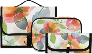 Foldable Hanging Travel Toiletry Organizer Set 3-Piece with Cosmetic Bag & Brush Holder - Flower (5)
