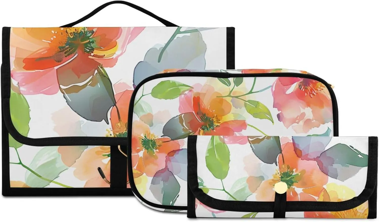 Foldable Hanging Travel Toiletry Organizer Set 3-Piece with Cosmetic Bag & Brush Holder - Flower (5)