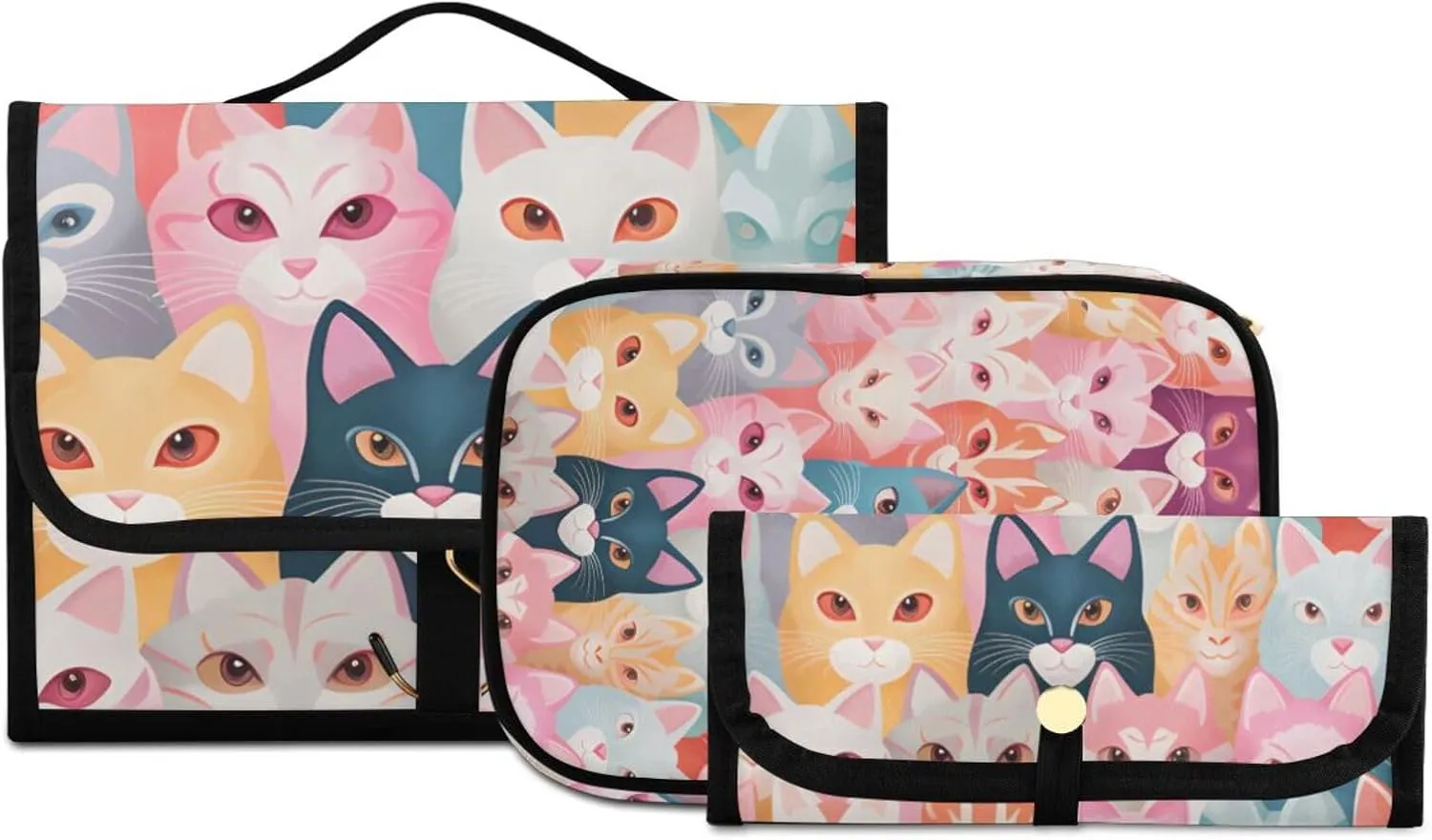 Foldable Hanging Travel Toiletry Organizer Set 3-Piece with Cosmetic Bag & Brush Holder - Flower Cat (1)