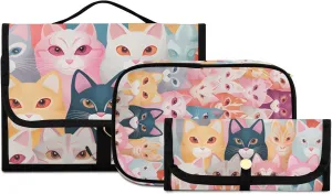 Foldable Hanging Travel Toiletry Organizer Set 3-Piece with Cosmetic Bag & Brush Holder - Flower Cat (1)