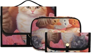 Foldable Hanging Travel Toiletry Organizer Set 3-Piece with Cosmetic Bag & Brush Holder - Flower Cat (4)