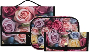 Foldable Hanging Travel Toiletry Organizer Set 3-Piece with Cosmetic Bag & Brush Holder - Flowers Roses