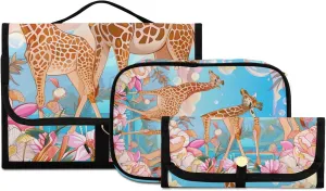 Foldable Hanging Travel Toiletry Organizer Set 3-Piece with Cosmetic Bag & Brush Holder - Giraffe (12)