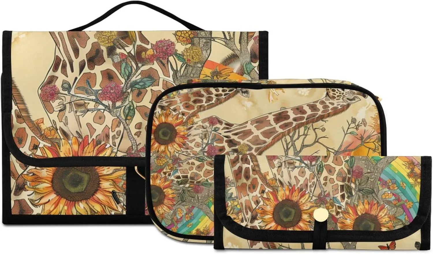 Foldable Hanging Travel Toiletry Organizer Set 3-Piece with Cosmetic Bag & Brush Holder - Giraffe (3)