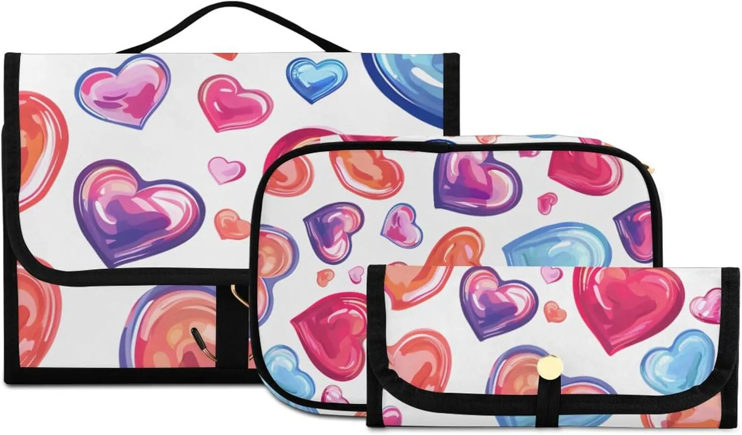 Foldable Hanging Travel Toiletry Organizer Set 3-Piece with Cosmetic Bag & Brush Holder - Heart (6)