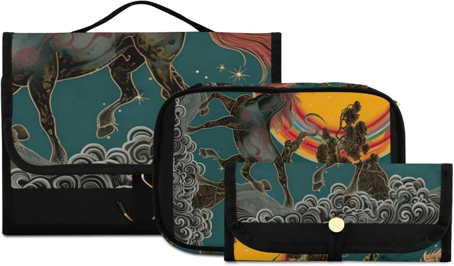 Foldable Hanging Travel Toiletry Organizer Set 3-Piece with Cosmetic Bag & Brush Holder - Horse (5)