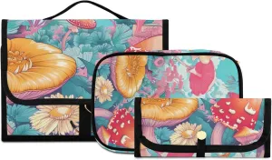 Foldable Hanging Travel Toiletry Organizer Set 3-Piece with Cosmetic Bag & Brush Holder - Mushroom (2)
