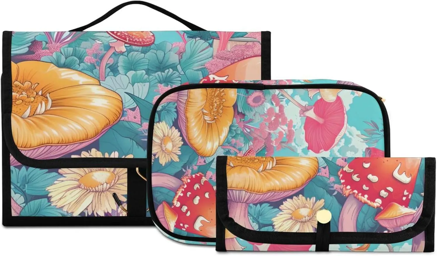Foldable Hanging Travel Toiletry Organizer Set 3-Piece with Cosmetic Bag & Brush Holder - Mushroom (2)