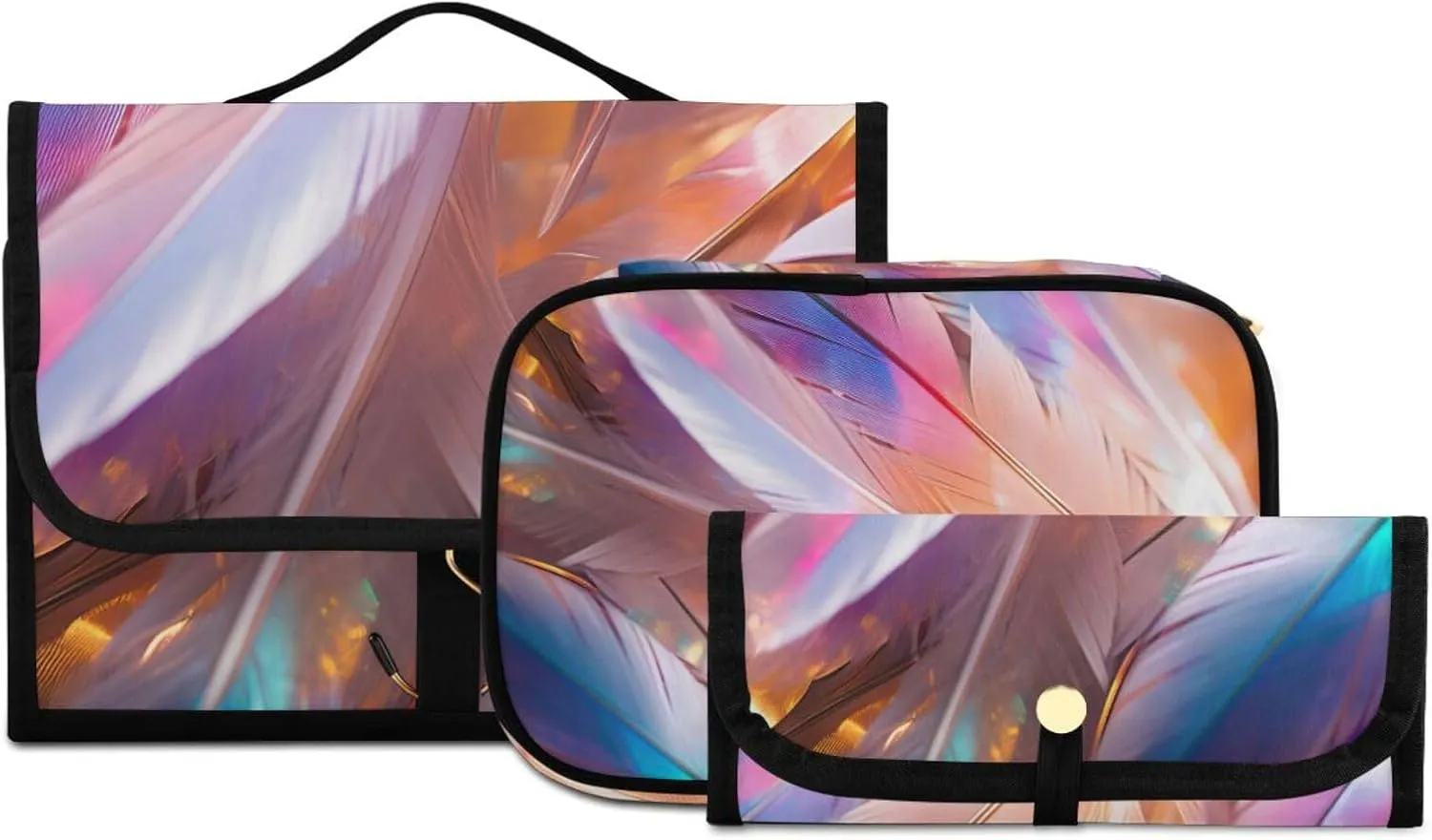 Foldable Hanging Travel Toiletry Organizer Set 3-Piece with Cosmetic Bag & Brush Holder - Neon Feather