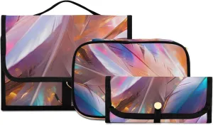 Foldable Hanging Travel Toiletry Organizer Set 3-Piece with Cosmetic Bag & Brush Holder - Neon Feather