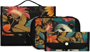 Foldable Hanging Travel Toiletry Organizer Set 3-Piece with Cosmetic Bag & Brush Holder - Panda (48)