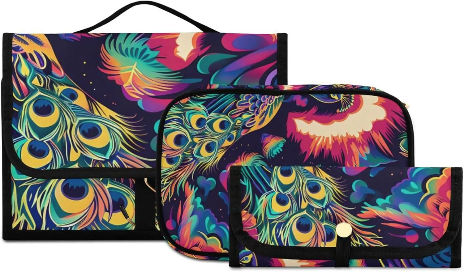 Foldable Hanging Travel Toiletry Organizer Set 3-Piece with Cosmetic Bag & Brush Holder - Peacock (5)