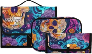 Foldable Hanging Travel Toiletry Organizer Set 3-Piece with Cosmetic Bag & Brush Holder - Skull (4)